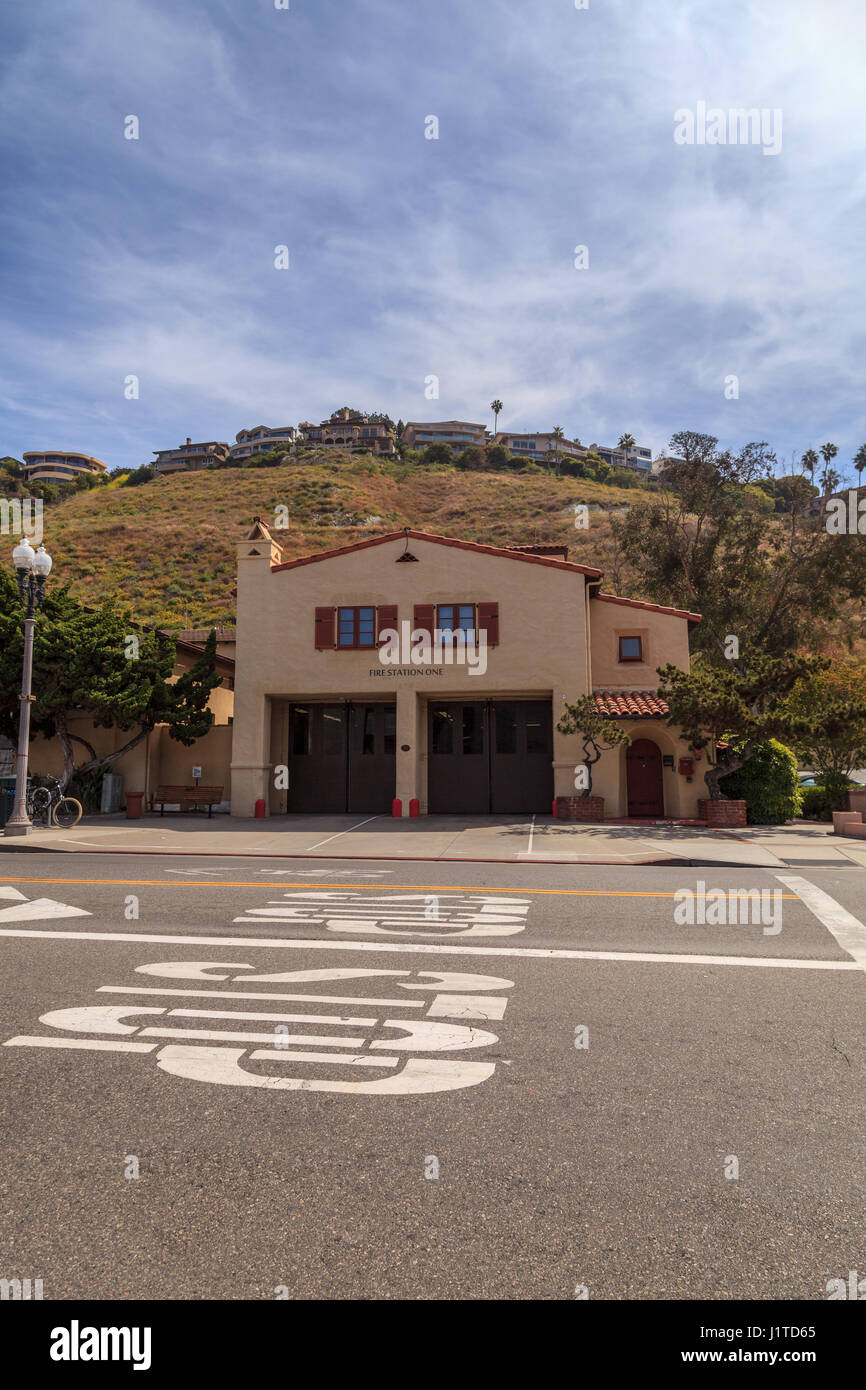 Laguna Beach, California, April 22, 2017: Laguna Beach fire station one next to town hall, with the hillside homes behind it in the center of town. Ed Stock Photo