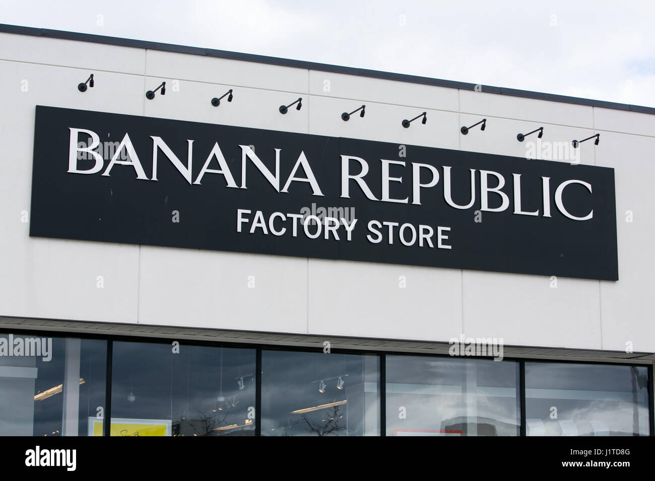 A logo sign outside of a Banana Republic Factory retail store in Mississauga, Ontario, Canada, on April 16, 2017. Stock Photo