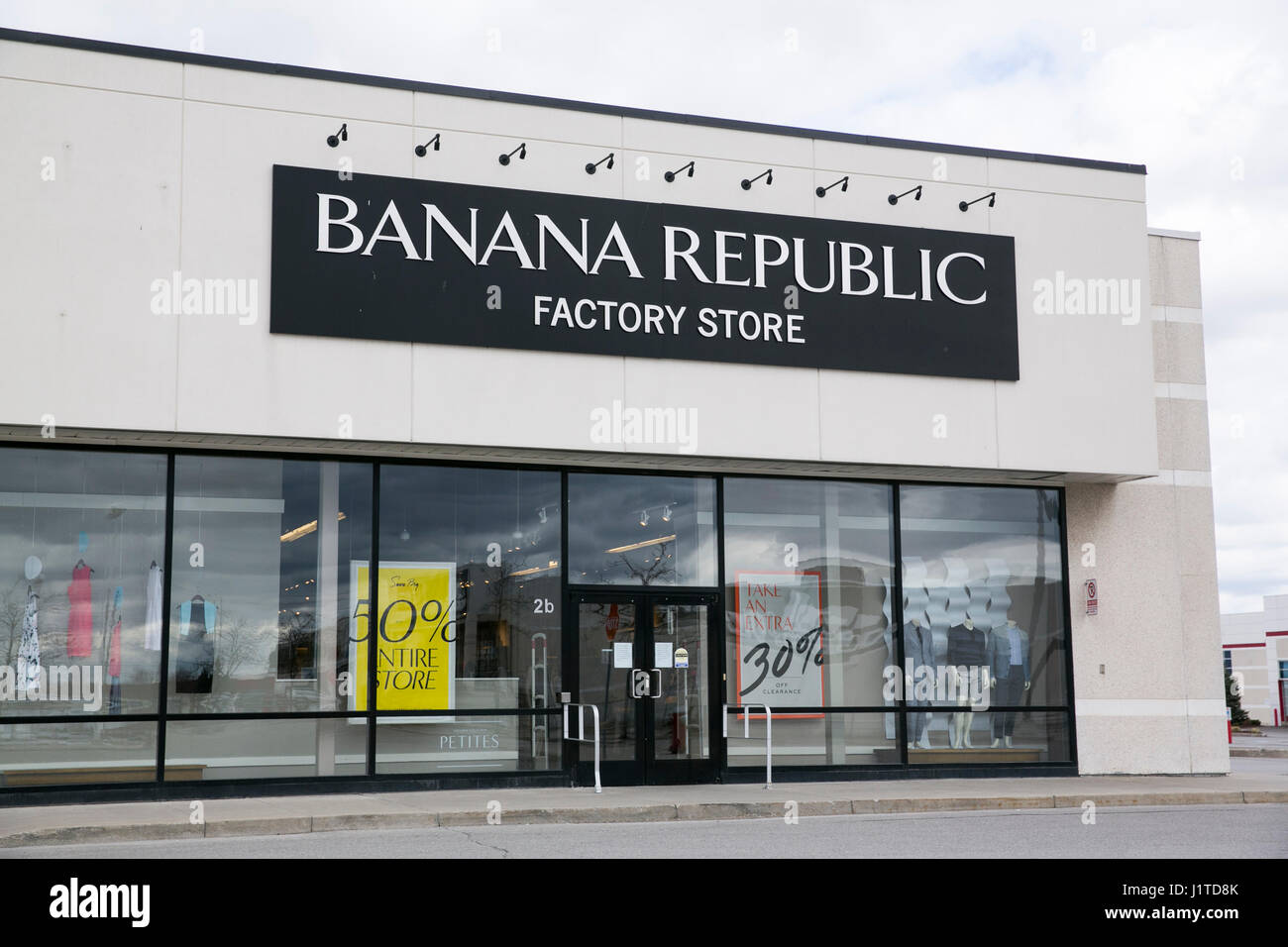 A logo sign outside of a Banana Republic Factory retail store in Mississauga, Ontario, Canada, on April 16, 2017. Stock Photo