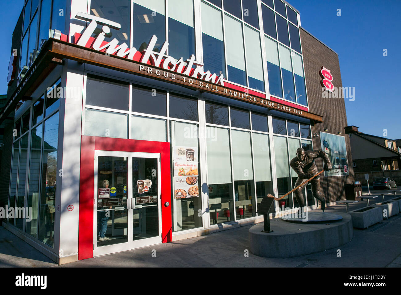 A logo sign outside of the location of the first Tim Hortons restaurant in  Hamilton, Ontario, Canada, on April 17, 2017 Stock Photo - Alamy