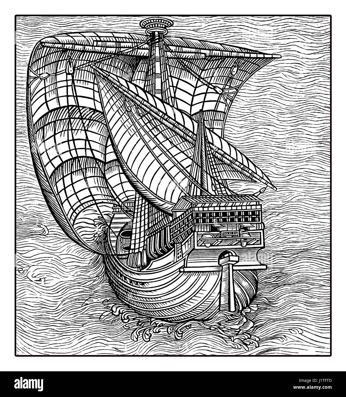 Galleon on the sea navigating with sails full of wind, medieval engraving Stock Photo