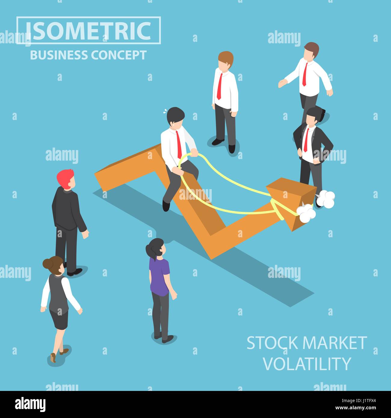 Flat 3d isometric businessman riding skittish stock market graph, investment risk and stock market volatility concept Stock Vector