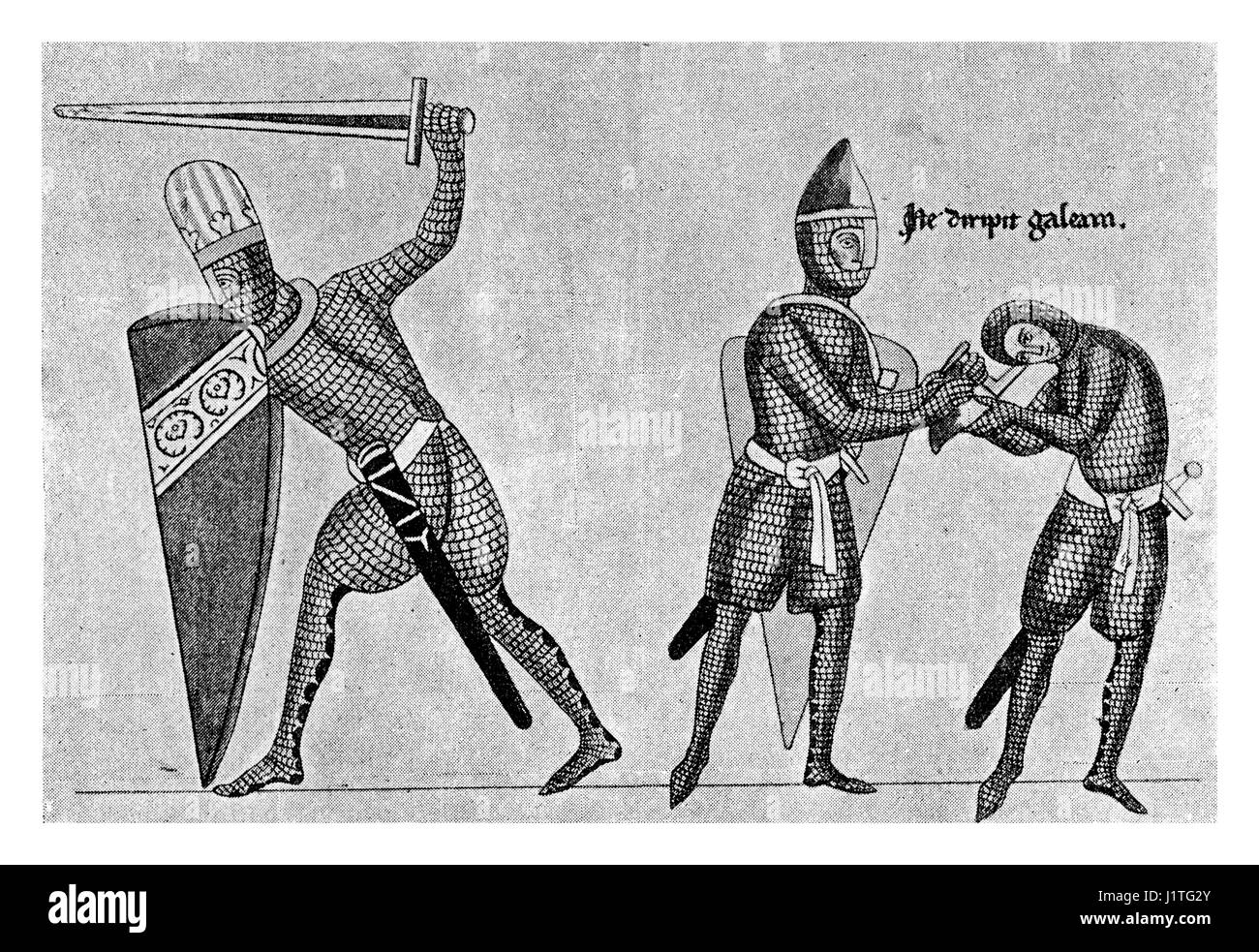 XII century: weapons and armours, soldiers dressing Stock Photo