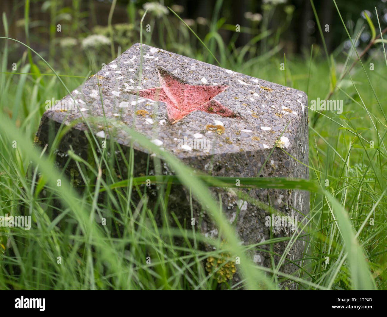 A Russian red star on a pedestal on a forgotten cemetery of Soviet soldiers in Wolka Weglowa on the “Bug” River Stock Photo