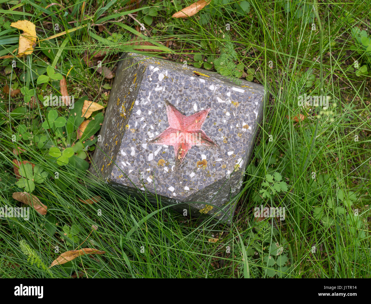 A Russian red star on a pedestal on a forgotten cemetery of Soviet soldiers in Wolka Weglowa on the “Bug” River Stock Photo