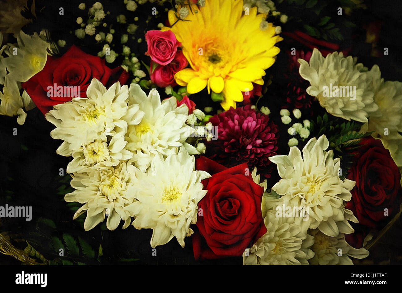 Illustrations,flowers, bouquet, painting, roses, red roses, painting roses, watercolor, Rose, (Latin Rosa), Chrysanthemum Stock Photo