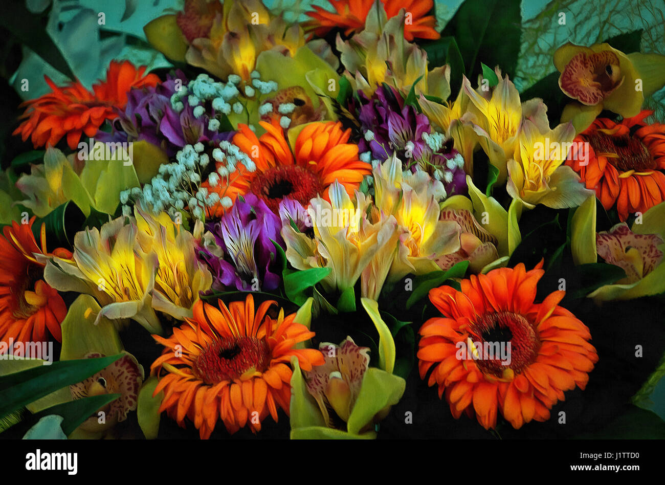 Illustrations,flowers, bouquet, Aquarell, orchids,chrysanthemum,Alstroemeria, watercolor Stock Photo