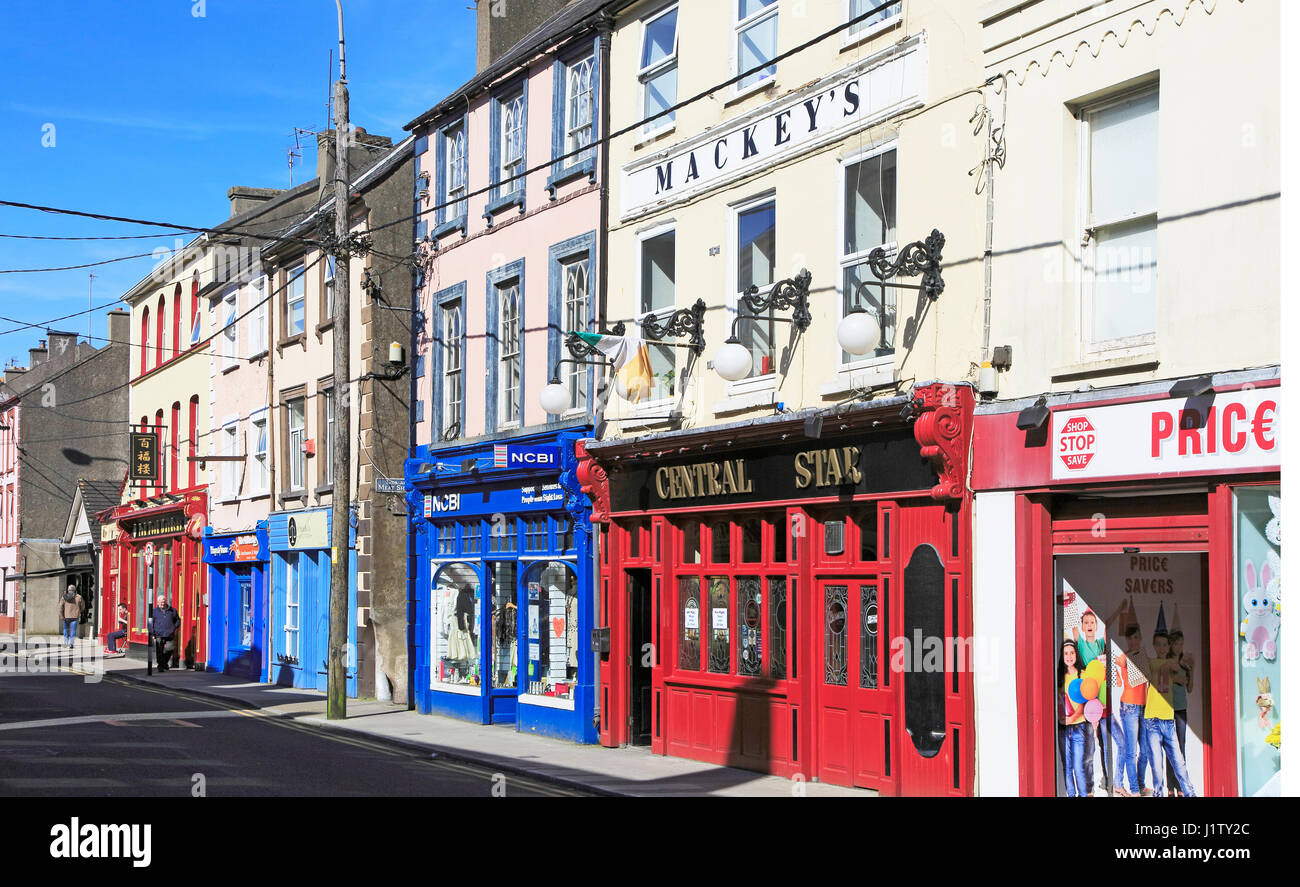 Colourful shops and pub historic high street buildings, Youghal, County