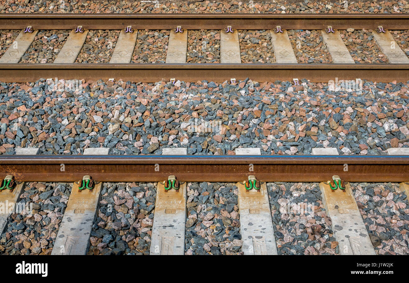Close up of parallel railway train tracks, Scotland, UK Stock Photo