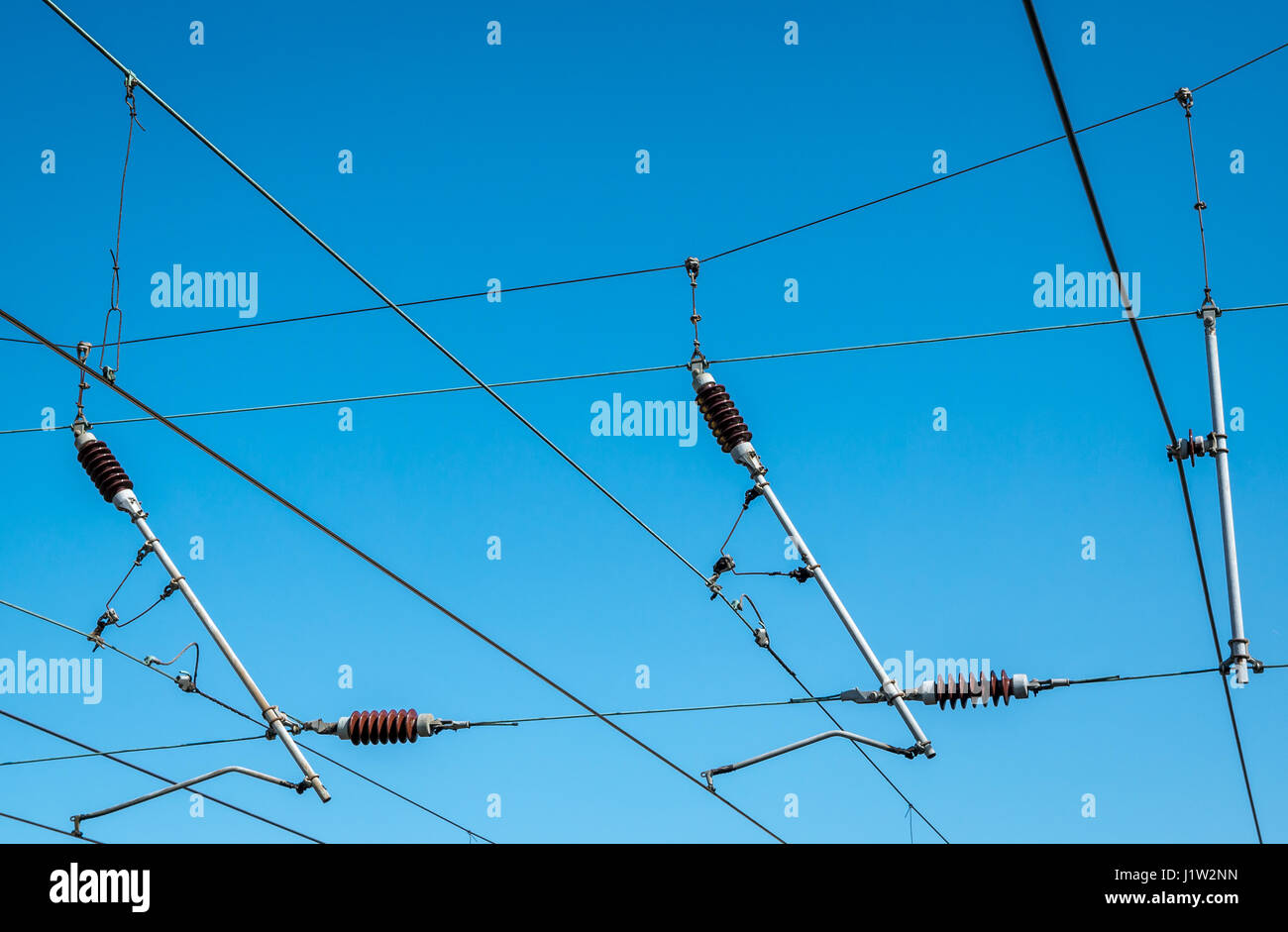 Detail of overhead railway electricity cables, Scotland, UK Stock Photo