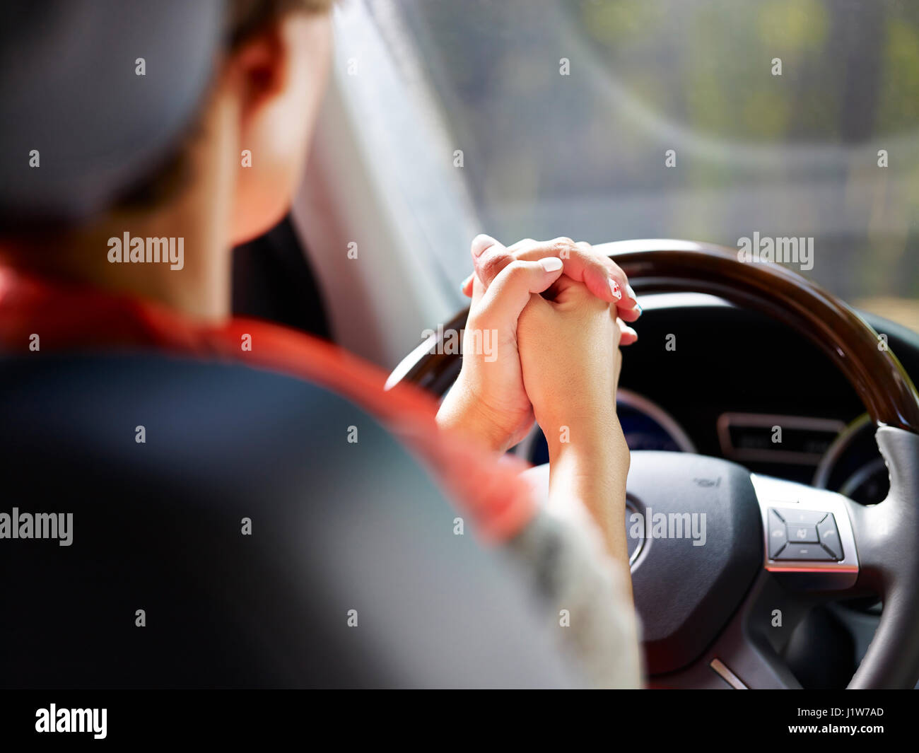 woman demonstrate auto driving. Stock Photo