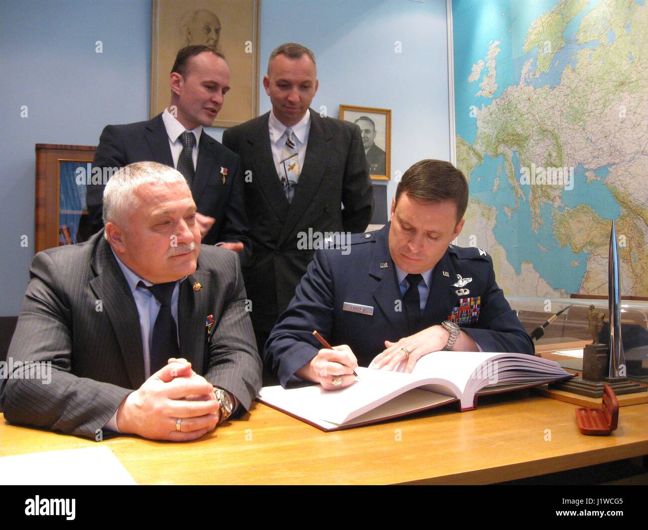 NASA International Space Station Expedition 51 Soyuz MS-04 mission prime crew member American astronaut Jack Fischer signs a commemorative book during a traditional pre-launch ceremony at the Gagarin Cosmonaut Training Center Gagarin Museum April 3, 2017 in Star City, Russia.   (photo by Rob Navias /NASA  via Planetpix) Stock Photo