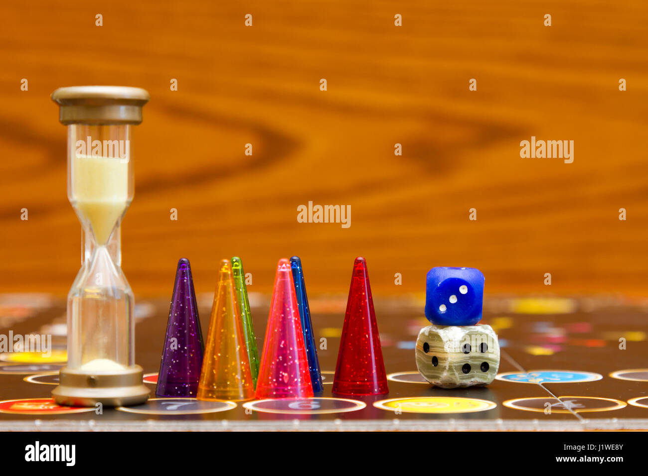 Blue, green and red plastic chips dice and Board games for children