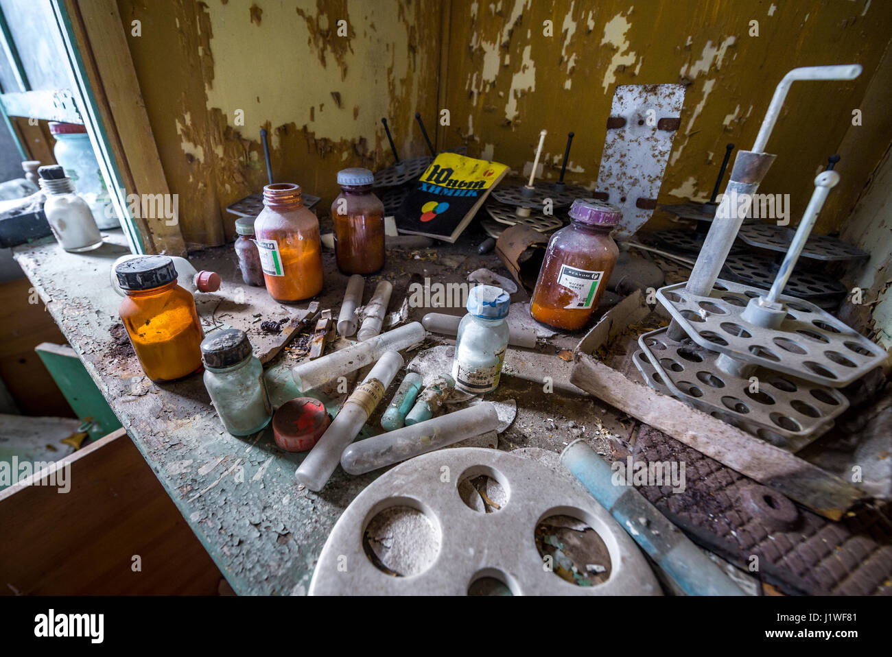 Chemistry lab in secondary school in Mashevo abandoned village of