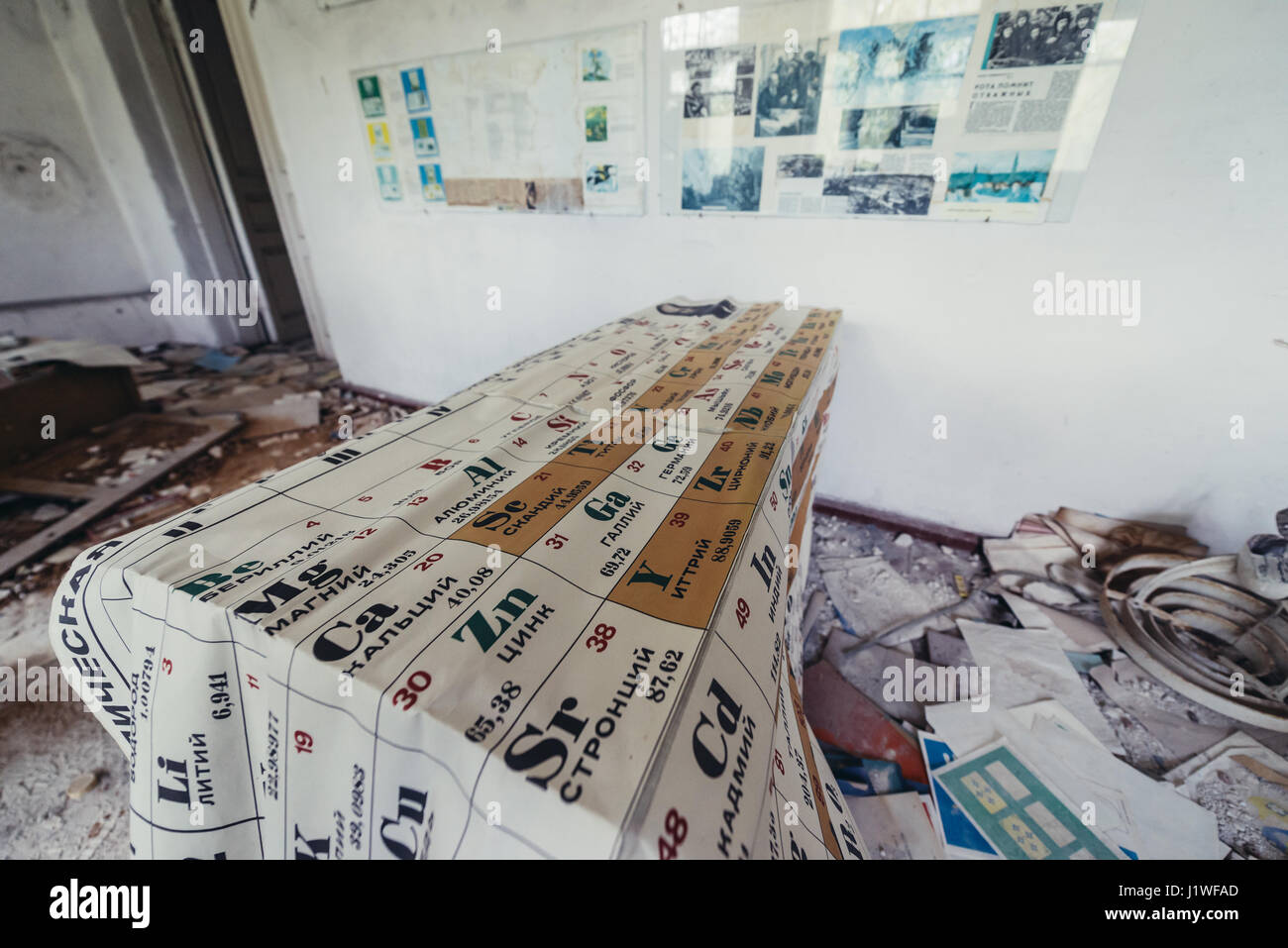 Periodic table in old secondary school in Mashevo abandoned village of Chernobyl Nuclear Power Plant Zone of Alienation in Ukraine Stock Photo