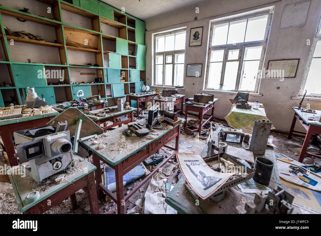 Physical lab in old secondary school in Mashevo abandoned village of Chernobyl Nuclear Power Plant Zone of Alienation in Ukraine Stock Photo