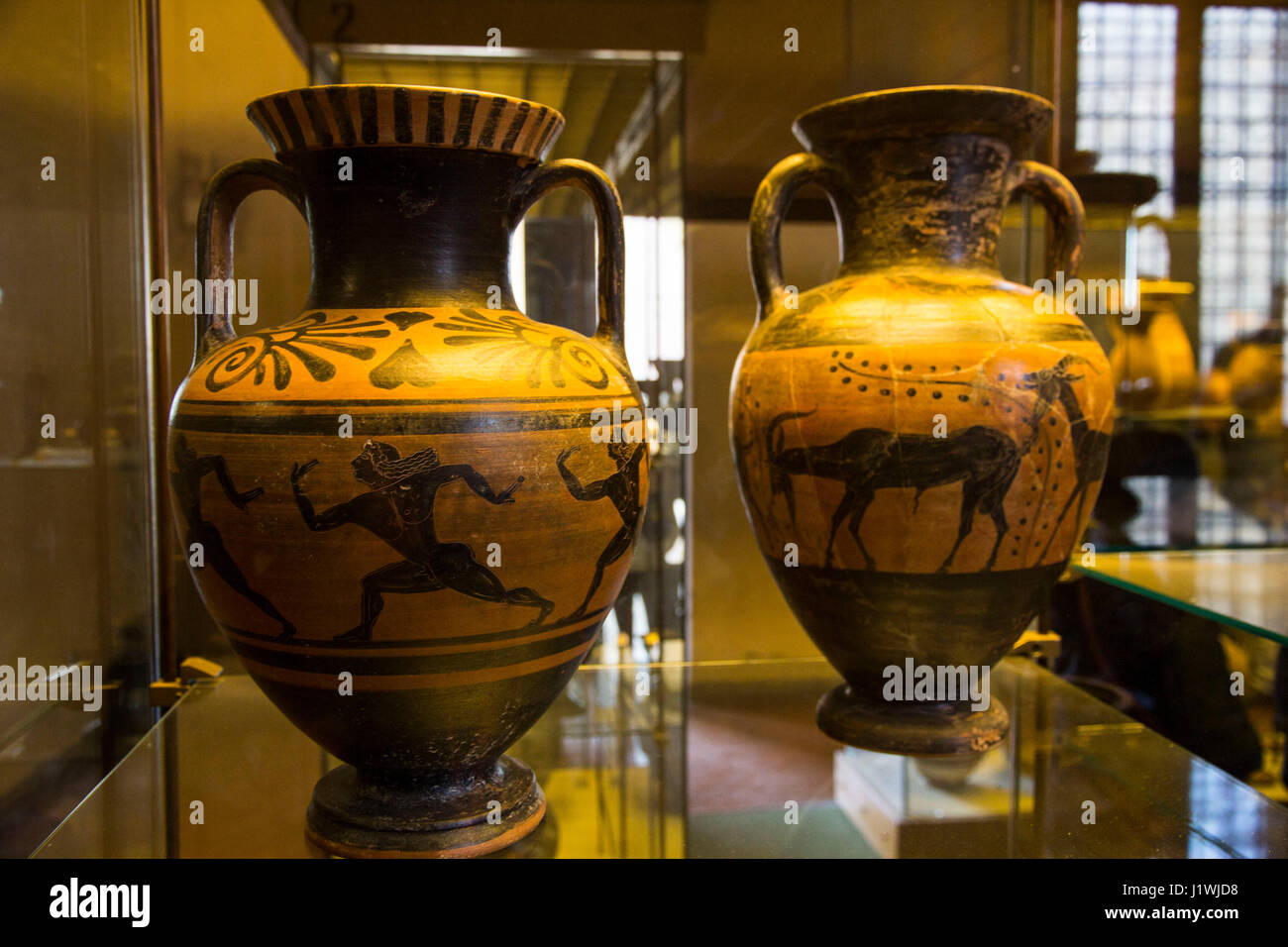 Black-figure pottery was one of the styles of vases produced from the  7th to 5th centuries and found in Etruscan tombs around Tarquinia. Stock Photo