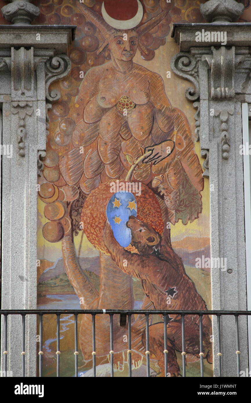 Plaza Mayor, Madrid, Spain. Frescoes depicting mythological figures on the facade of the Casa de la Panadería. Designed by Carlos Franco. Stock Photo