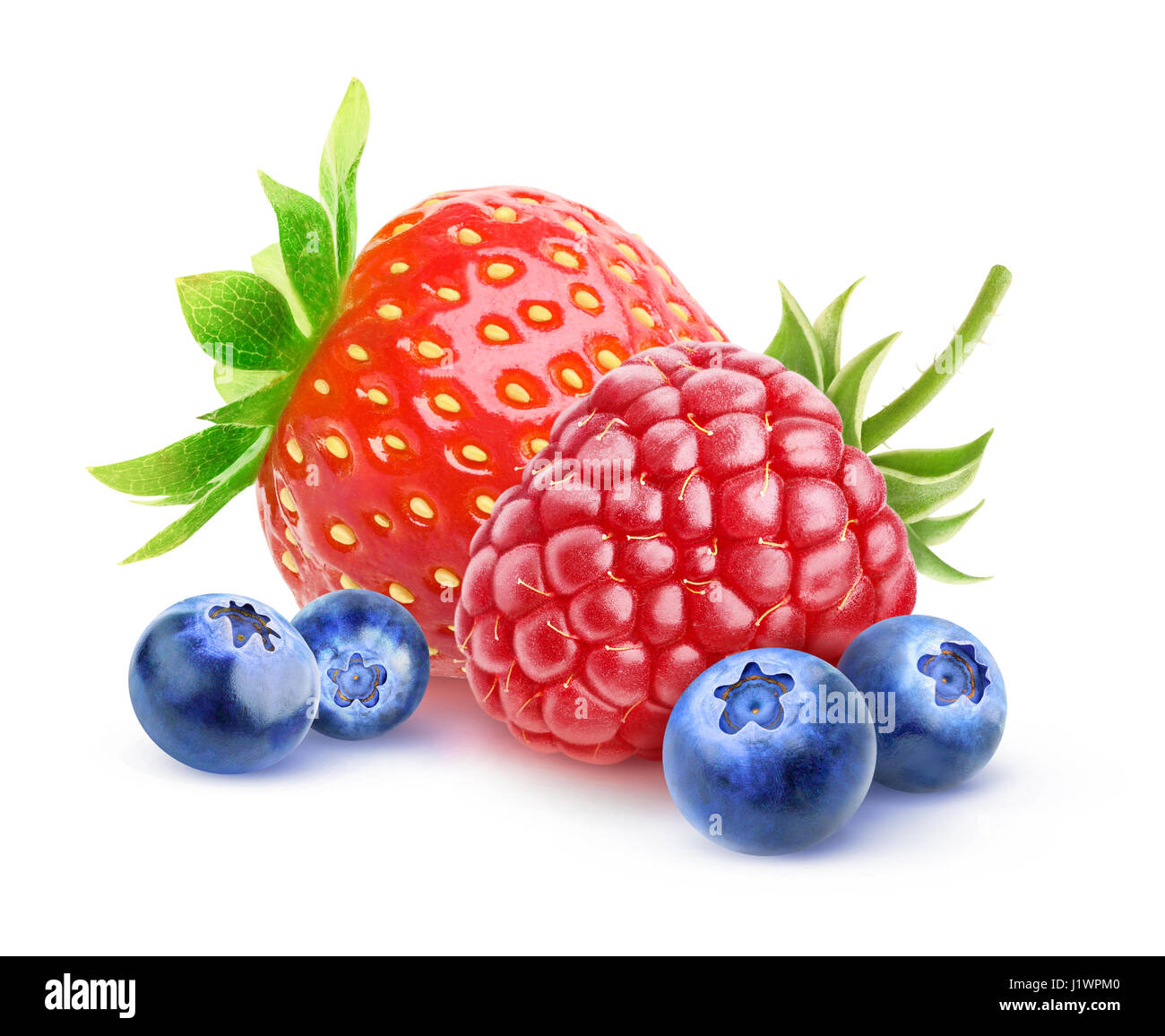 Isolated berries. Fresh strawberry, raspberry and blueberry isolated on white background with clipping path Stock Photo