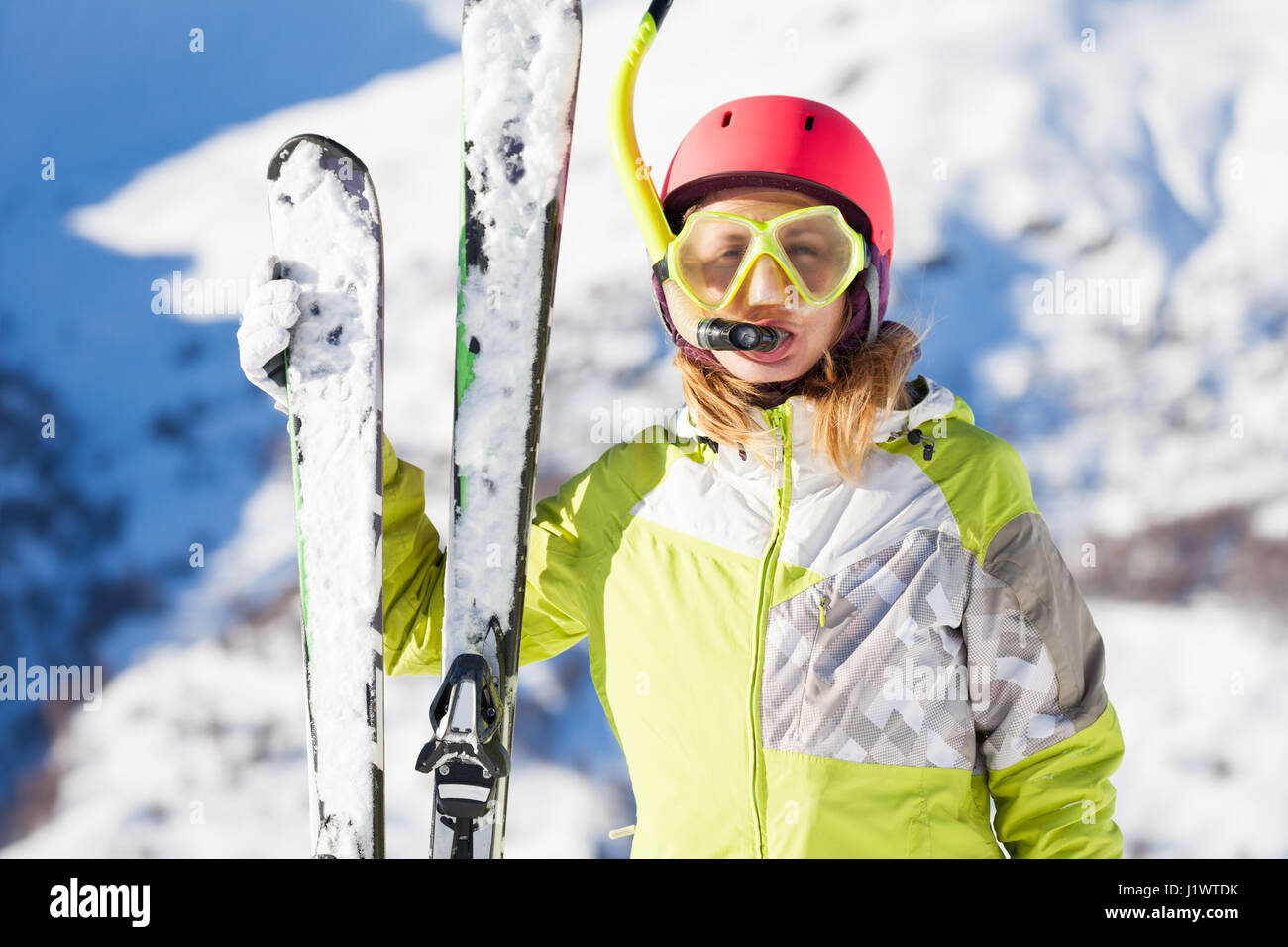 Funny portrait of female skier in diving mask and snorkel Stock Photo ...