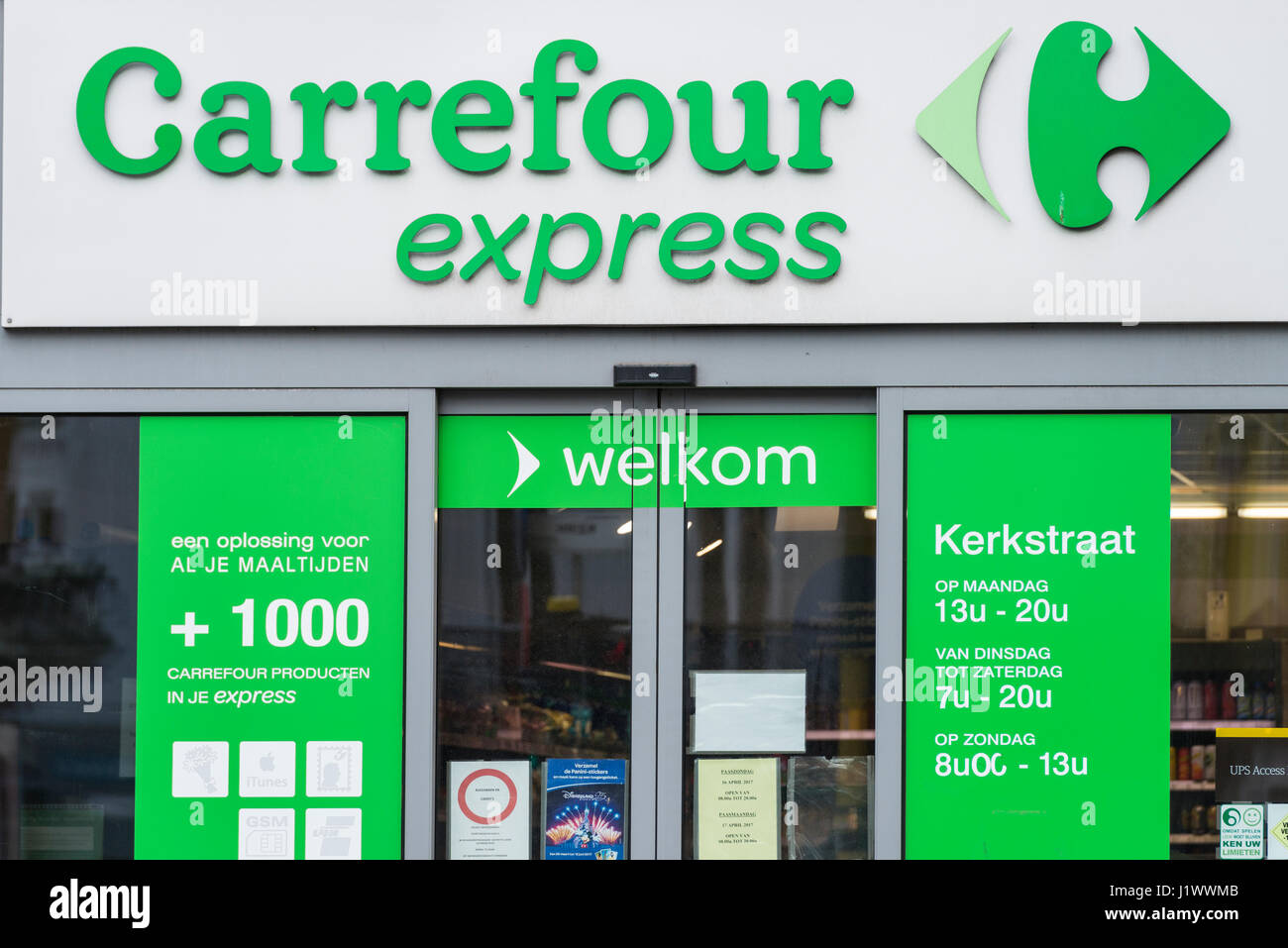Entrance of Carrefour express shop in Kerkstraat Antwerp Stock Photo