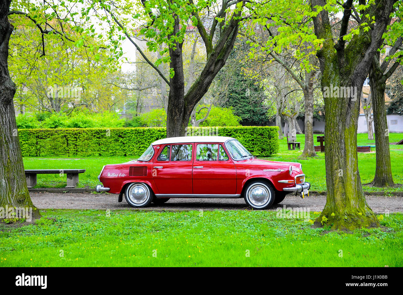 The Škoda red 1000 MB and Škoda 1100 MB are two rear-engined, rear-wheel drive small family cars that were produced by Czechoslovak manufacturer AZNP Stock Photo