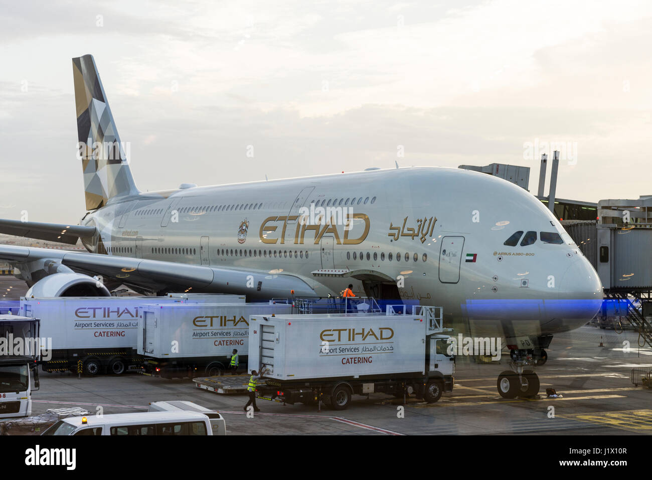 Etihad Airbus at Abu Dhabi airport Stock Photo