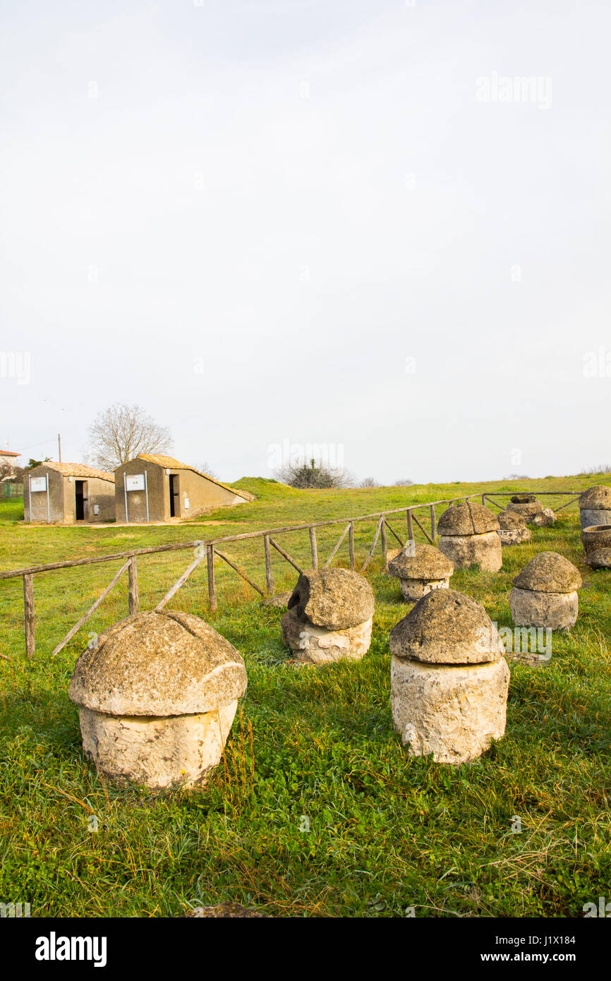Simple round tombs carved from rock for cremation burials during the Villanovan period around the 9th Century BC can be seen at Monterozzi Necropolis  Stock Photo