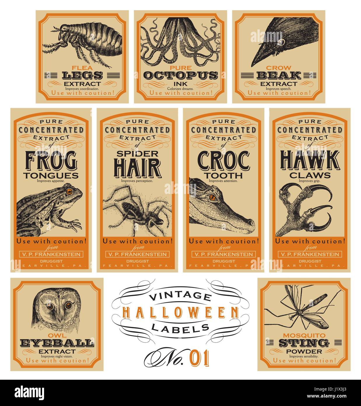 set of 9 antique apothecary labels, vintage design with creepy creatures, perfect for halloween, made-up funny text, vector illustration Stock Vector