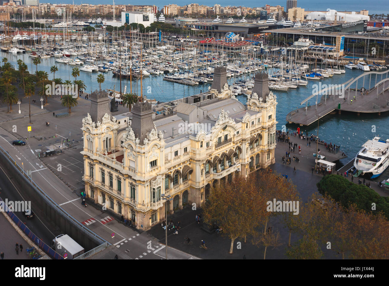 Palace of Port de Barcelona, view from highest point of Columbus tower in Barcelona, Spain Stock Photo