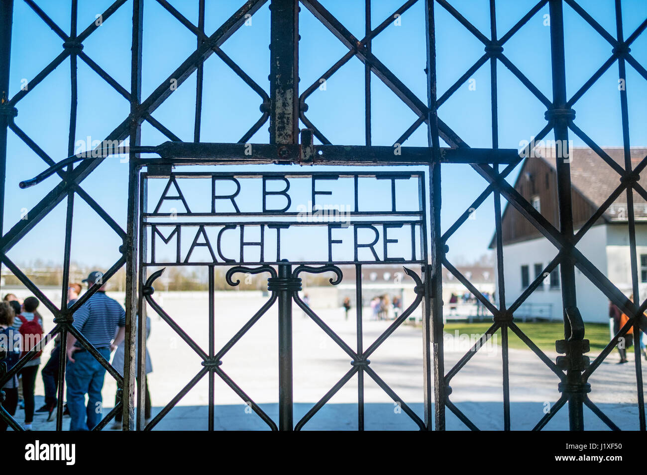 Dachau, Bavaria, Germany.- March 28, 2016.  work sets you free sign on gates at Dachau Concentration Camp Stock Photo