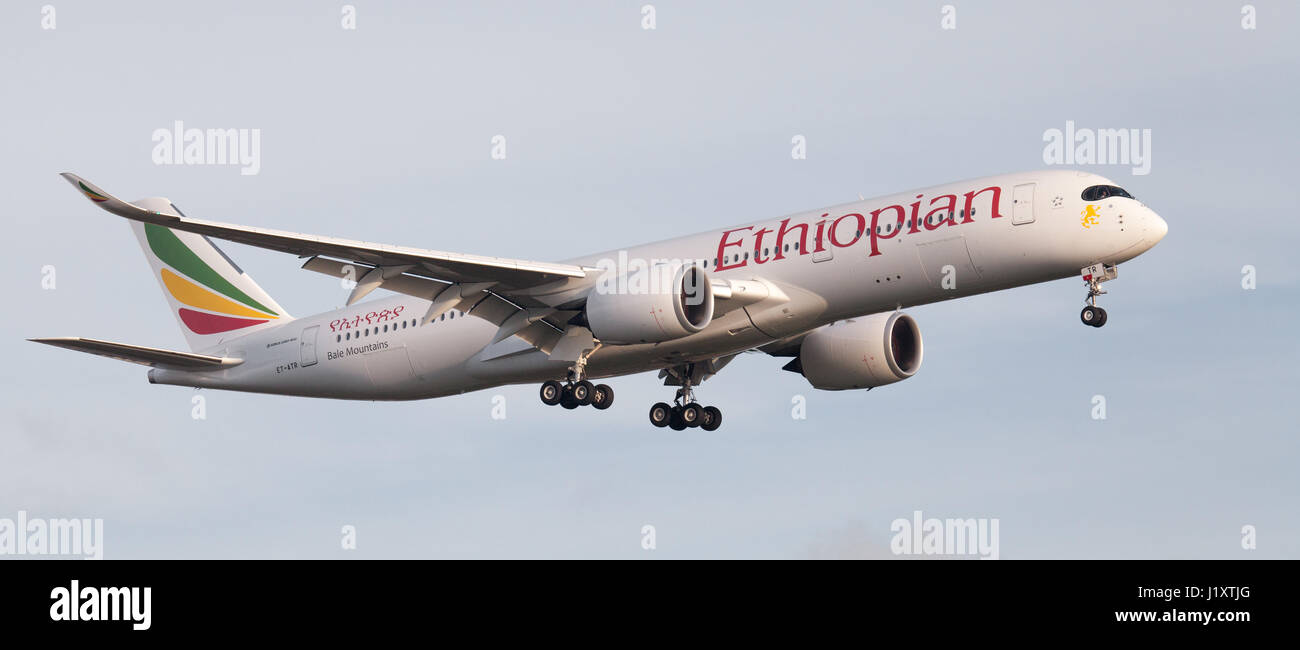 Ethiopian Airlines Airbus a350 ET-ATR on final approach to London-Heathrow Airport LHR Stock Photo