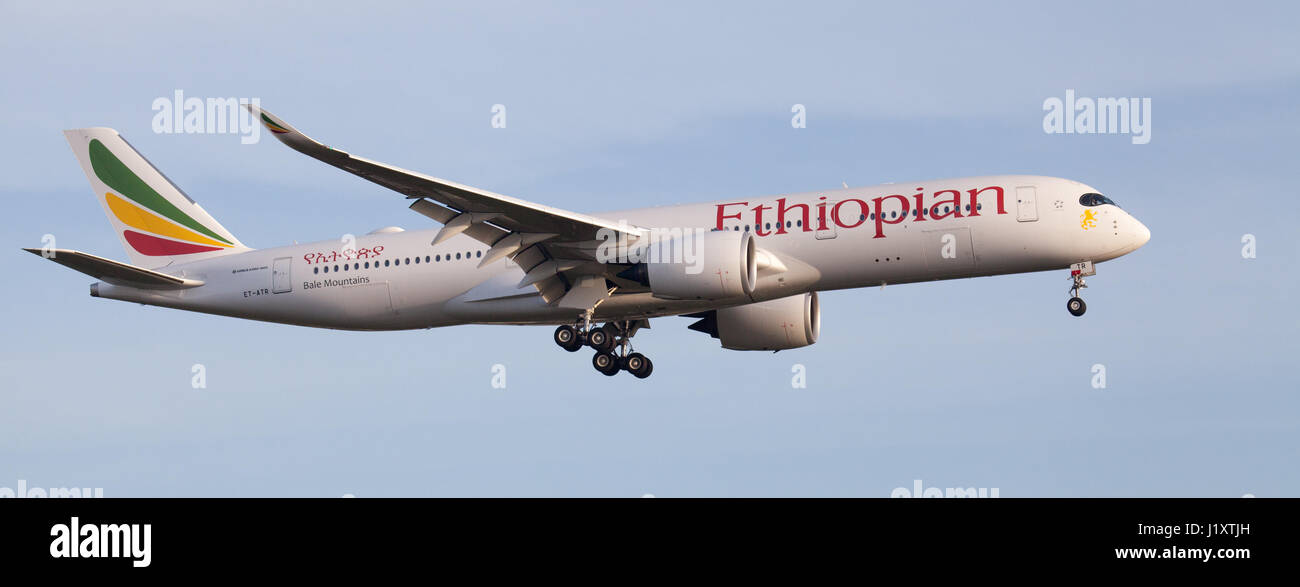 Ethiopian Airlines Airbus a350 ET-ATR on final approach to London-Heathrow Airport LHR Stock Photo