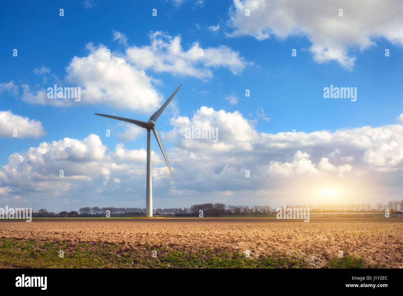 Wind turbines generating electricity. Windmills for electric power production. Landscape with wind mills generating energy on the field Stock Photo