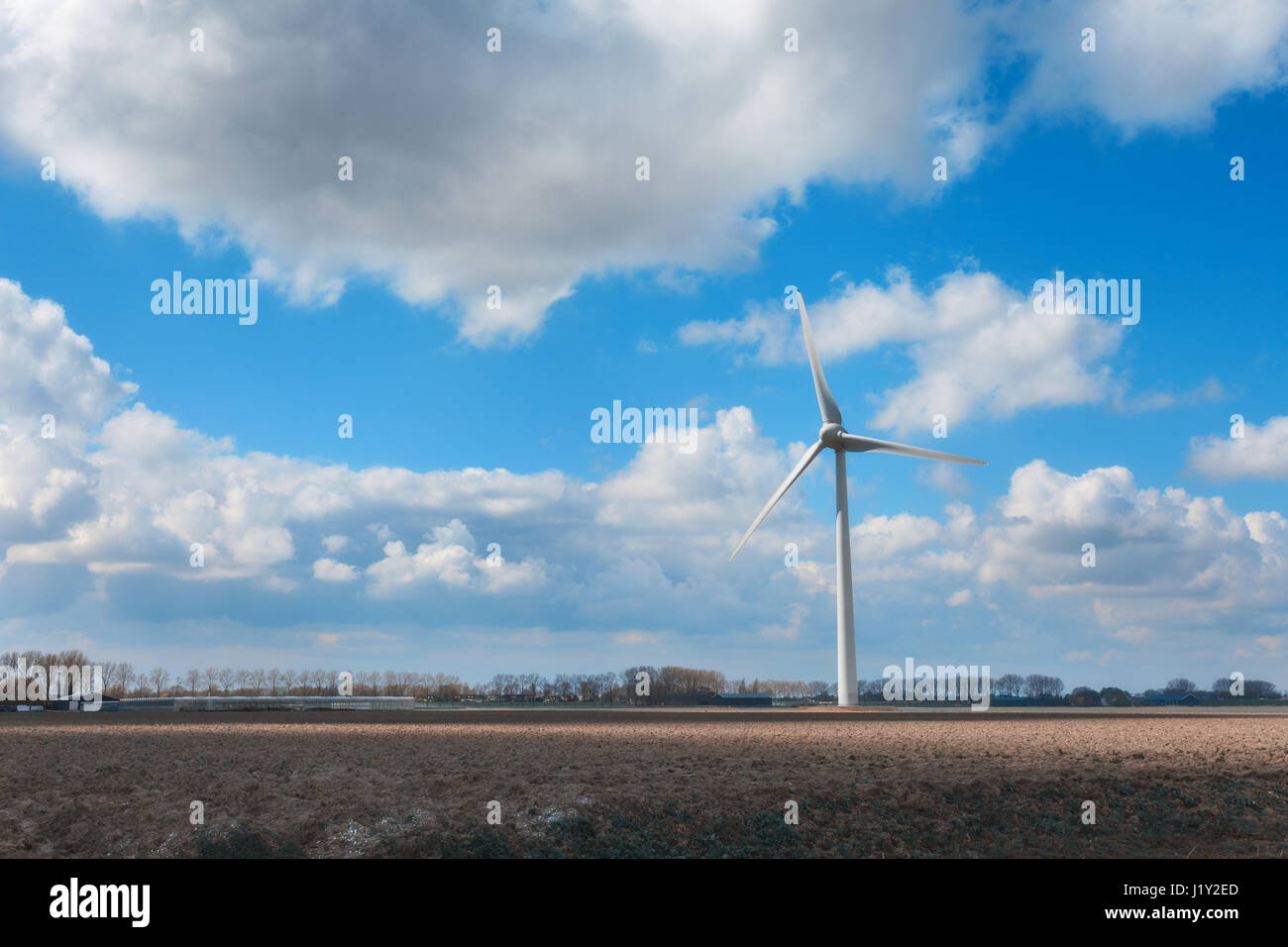 Wind turbines generating electricity. Windmills for electric power production. Landscape with wind mills generating energy on the field Stock Photo