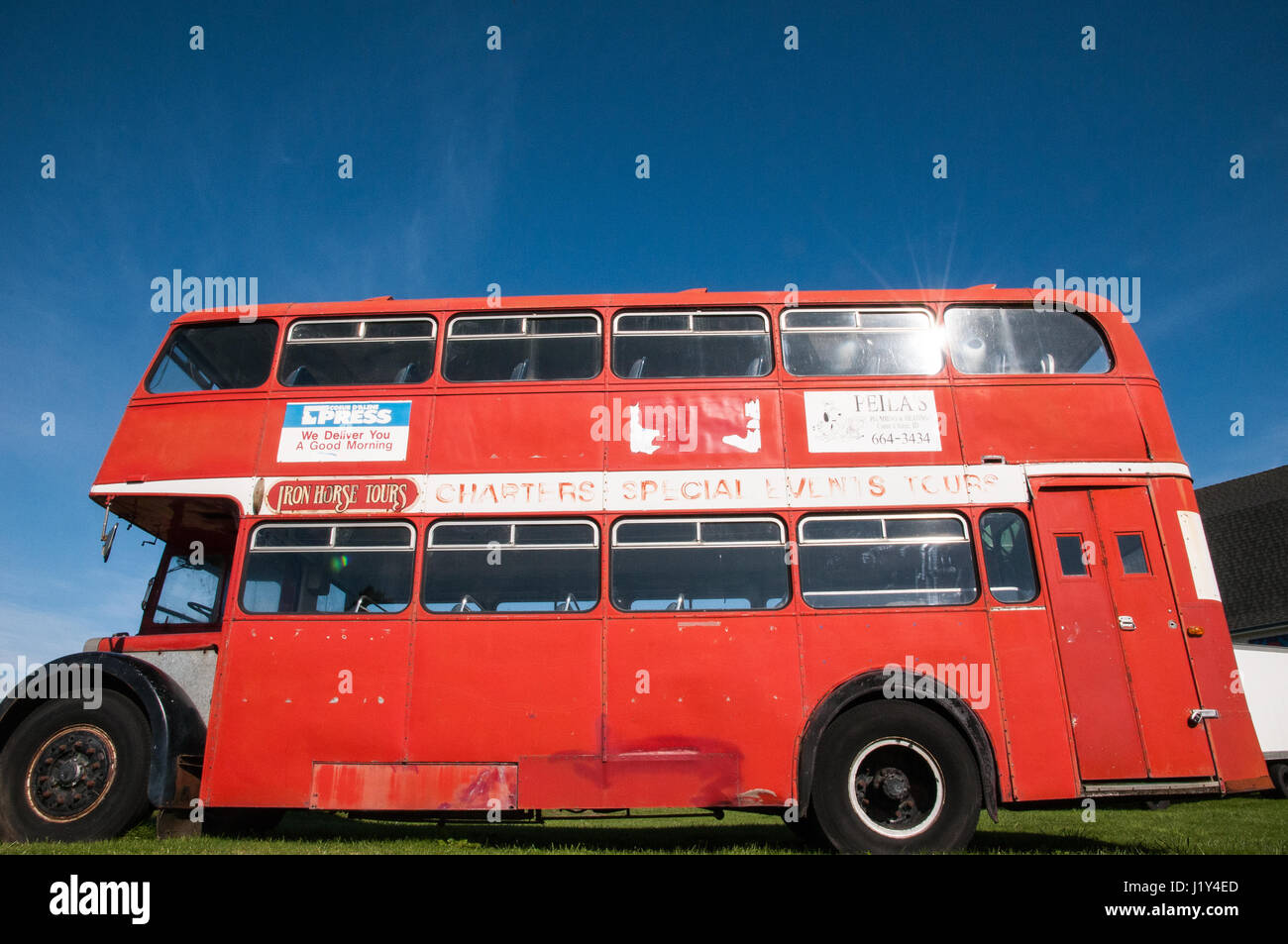 Red, double-decker bus, low angle view, Oregon, USA Stock Photo