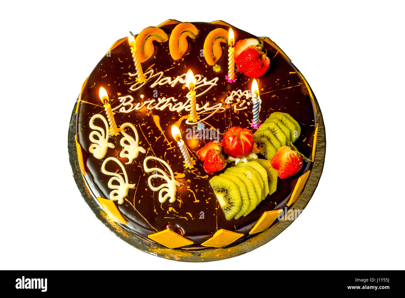 Happy Birthday Chocolate Cake Isolated On White Background With