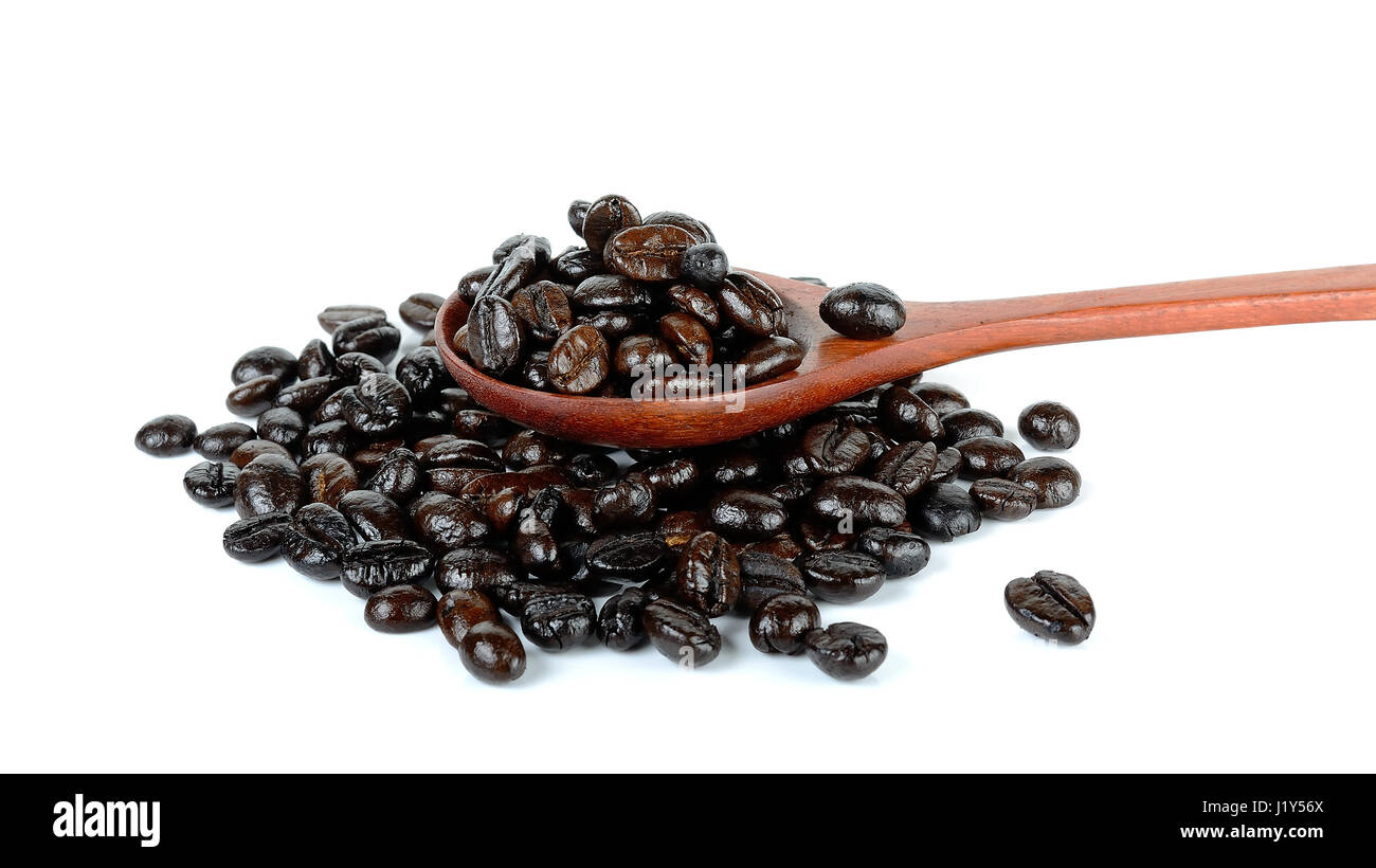 Coffee bean with wooden spoon isolated on white background Stock Photo ...