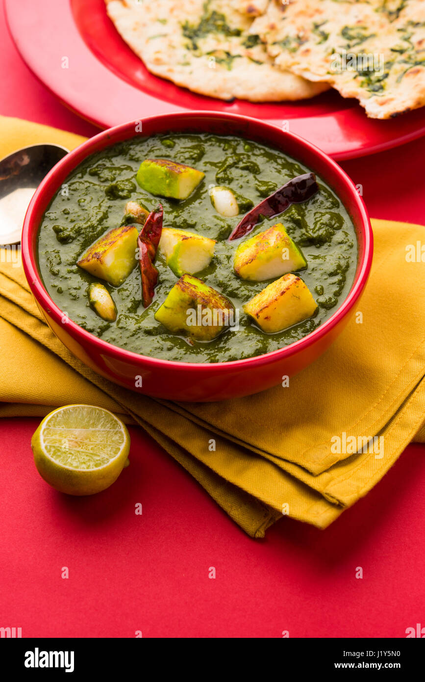 Indian curry dish Palak paneer made up of spinach and cottage cheese, served in white bowl Indian curry dish Palak paneer made up of spinach and cottage cheese, served in white bowl