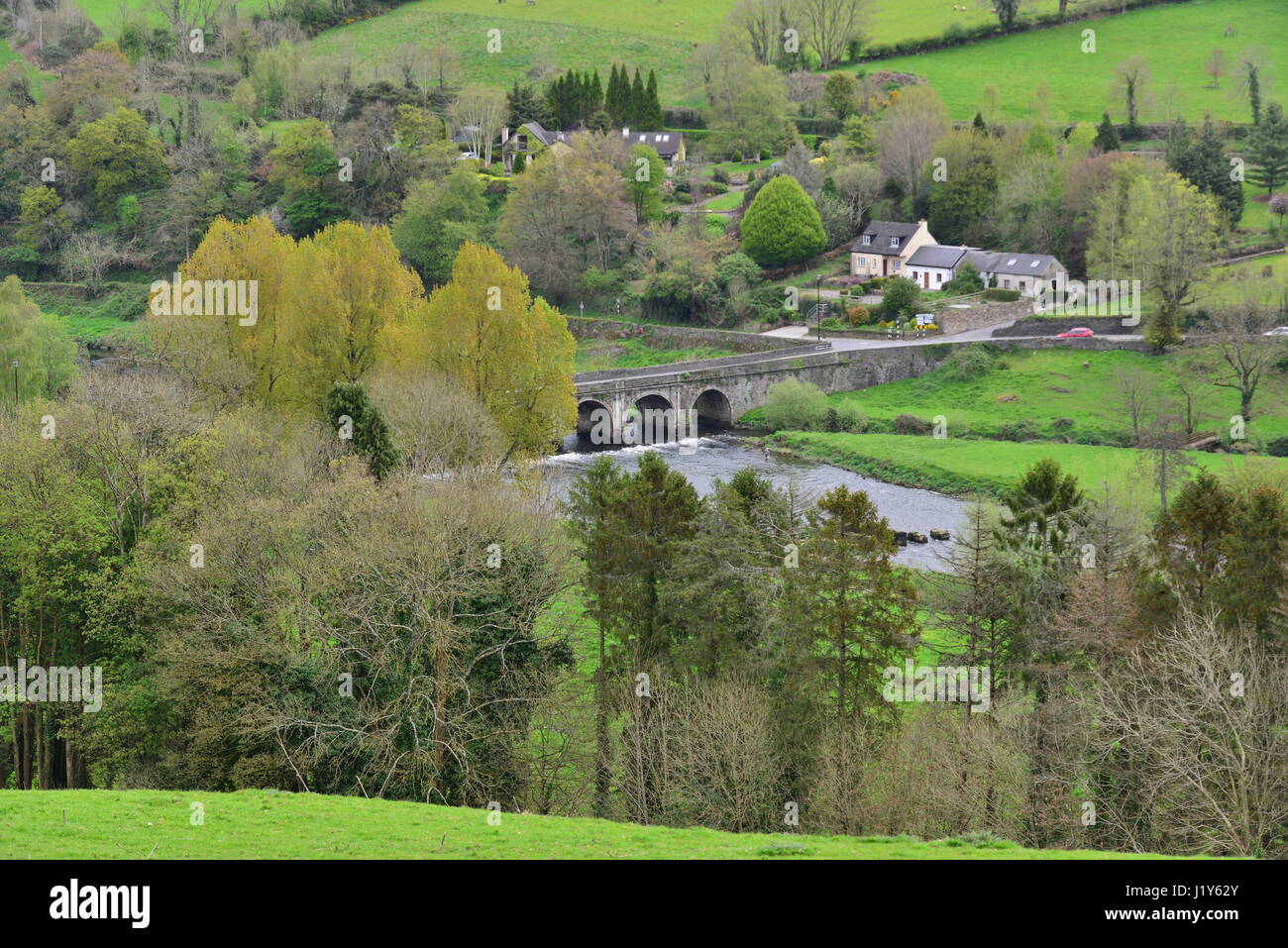 Looking down at the bridge at Inistioge, Ireland on a spring day. Stock Photo