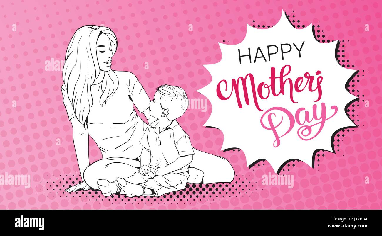Happy Mother Day Greeting Card, Sketched Mom Embrace Son Over Pop Art Retro Pin Up Background Stock Vector