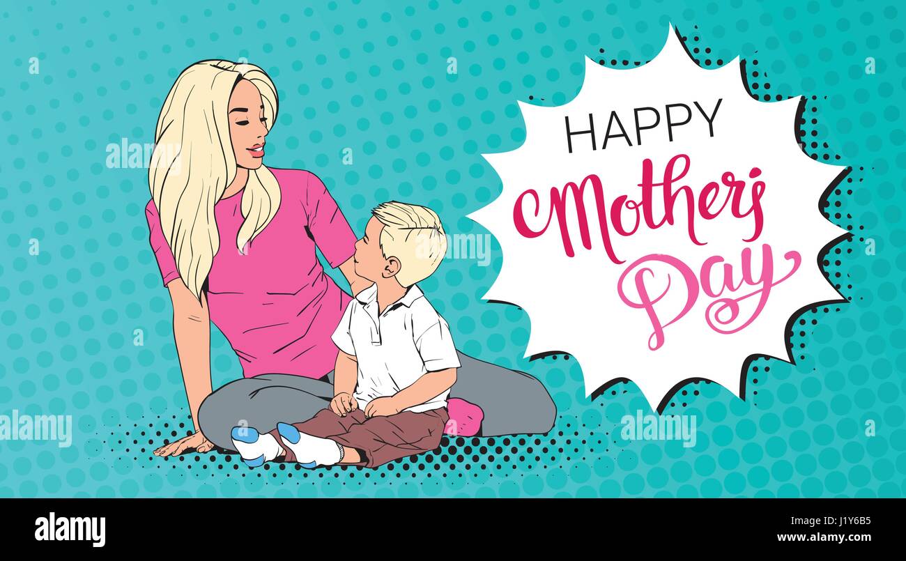 Happy Mother Day Greeting Card, Mom Embrace Son Over Pop Art Retro Pin Up Background Stock Vector