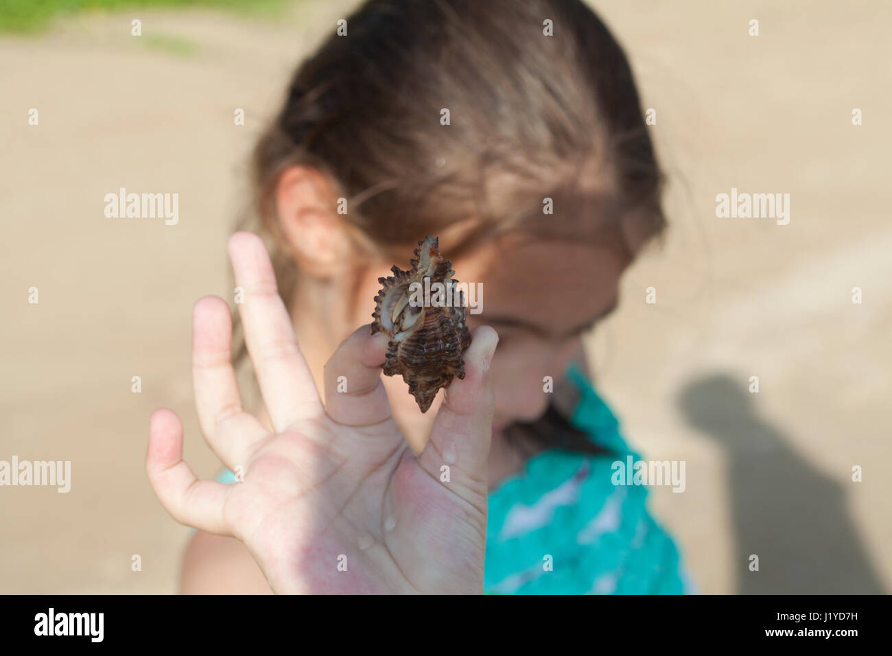 Young girl on a beech with a sea shell Stock Photo - Alamy