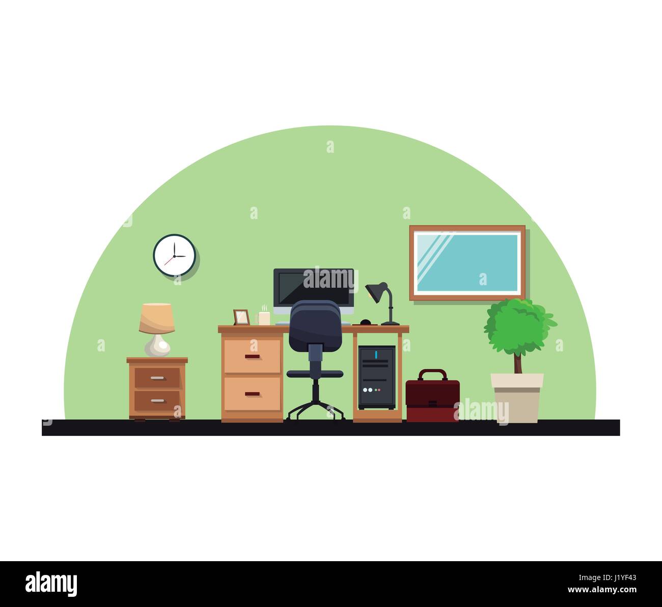 office interior desk chair computer lamp mirror plant table clock style