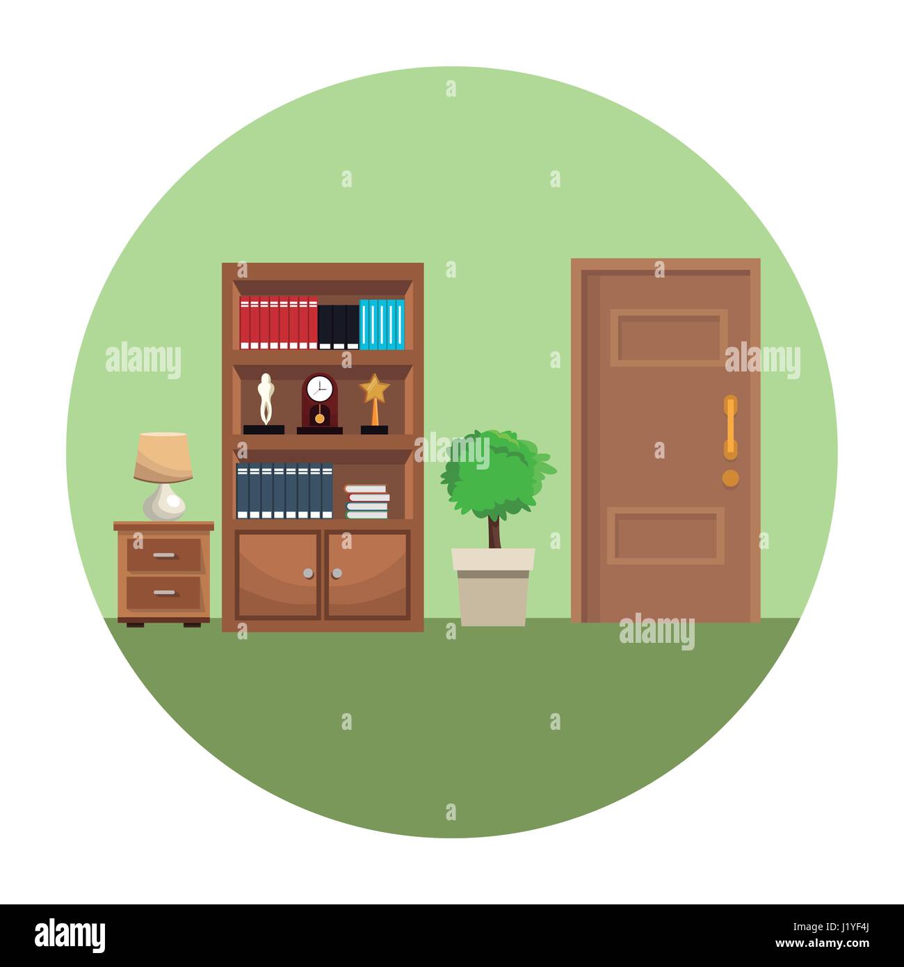 bookshelf pot tree small table lamp trophy clock encyclopedia Stock