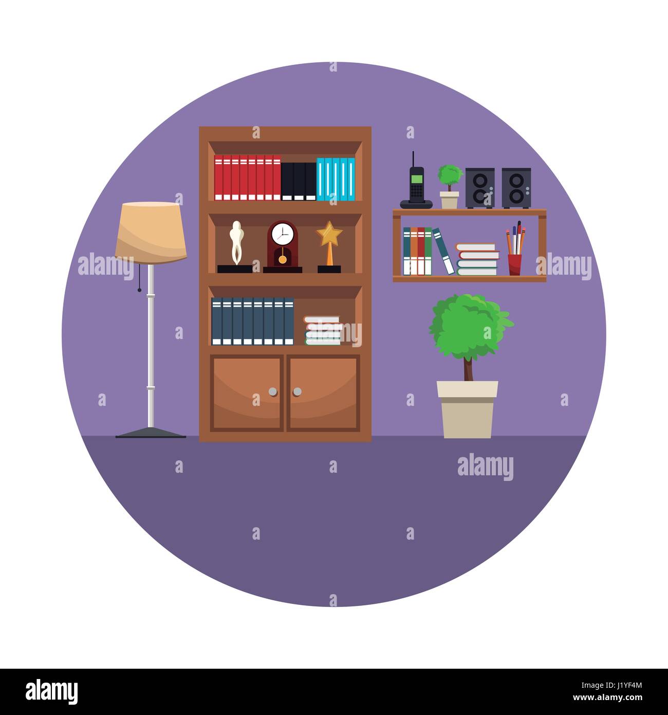 bookshelf encyclopedia award clock shelf telephone radio plant floor lamp Stock Vector