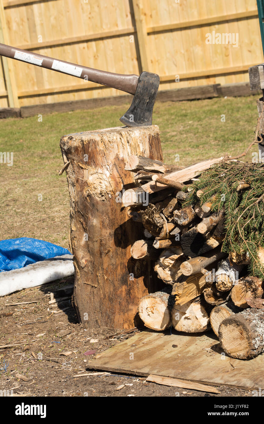axe splitting camp fire wood on a stump Stock Photo Alamy