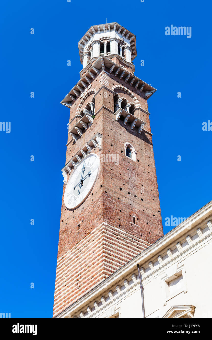 travel to Italy - view of tall tower Torre dei Lamberti in Verona city in spring Stock Photo