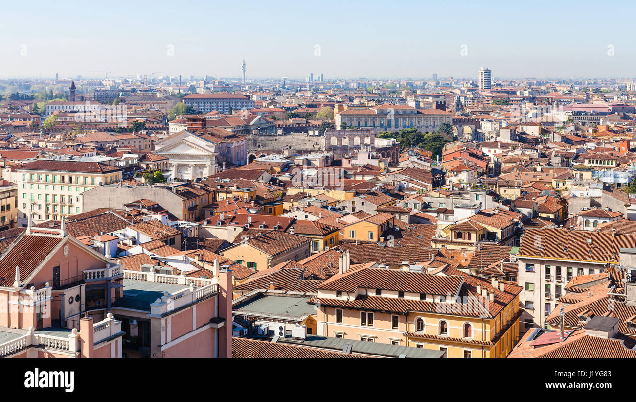 travel to Italy - above view of Verona city with Arena from tower Torre dei Lamberti in spring Stock Photo