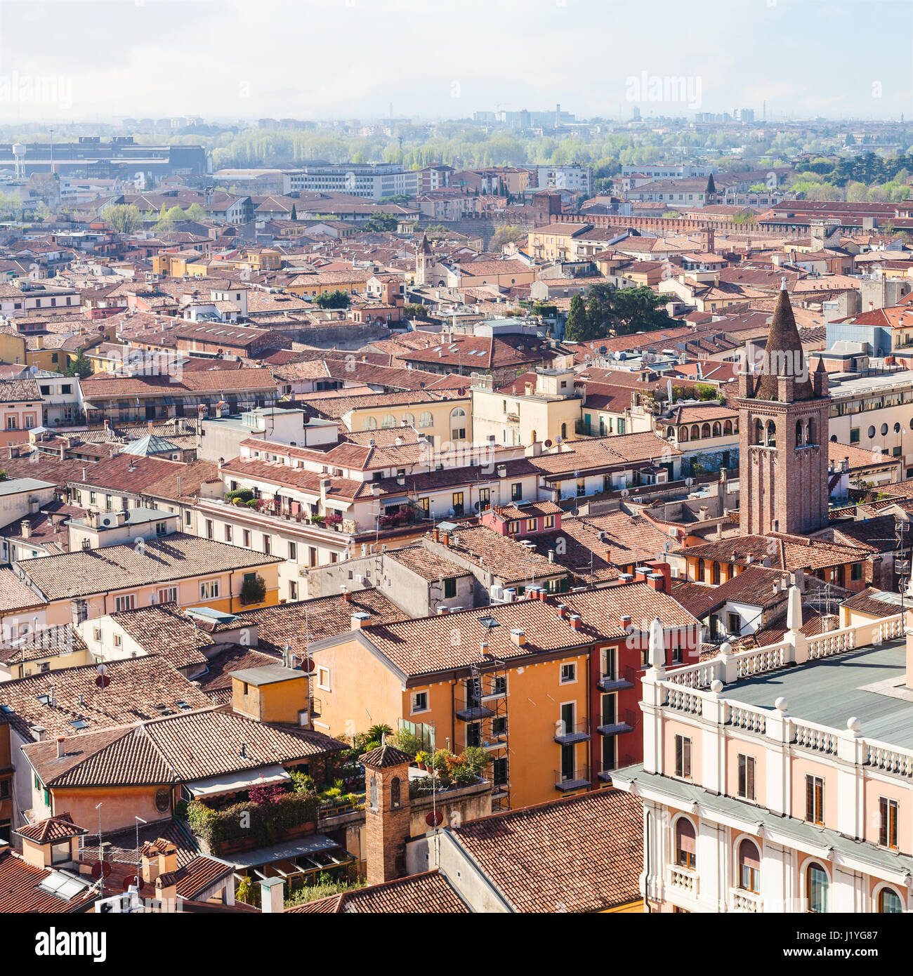 travel to Italy - above view of Verona town from tower Torre dei Lamberti in spring Stock Photo